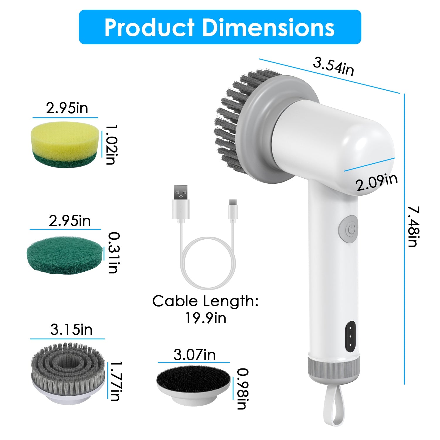 1Set Electric Handheld Spin Scrubber Cordless Cleaning Brush With 2