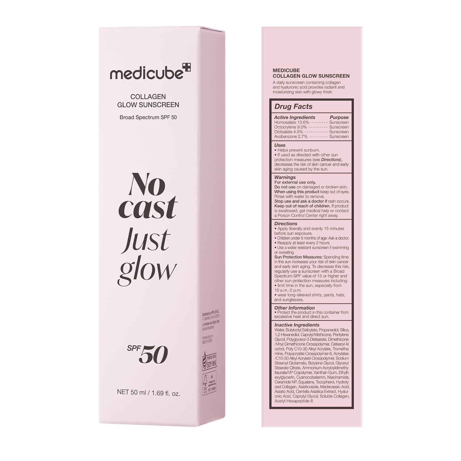 Sunscreen No Cast Just Glow Collagen | SPF 50 Broad Spectrum Face Sunscreen | Lightweight, Non-Sticky, Hydrating Formula | Peptide, Cica for Soothing & Glow | Korean Skincare