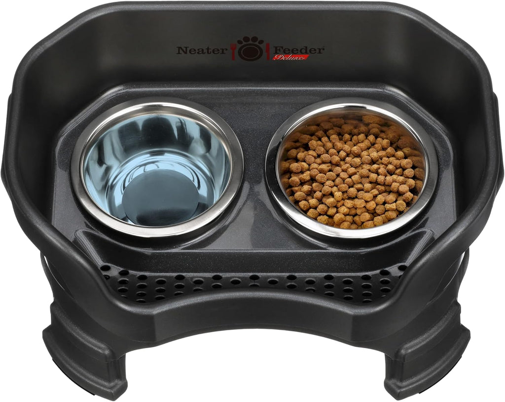 Neater Feeder Deluxe Mess-Proof Elevated Dog Bowls for Small Dogs (Up to 19 Lbs), 2 Height Adjustable (6” & 7.5”) No-Spill Raised Dog Bowl Stand, Stainless Steel Food Bowl Set, Made in USA, Black