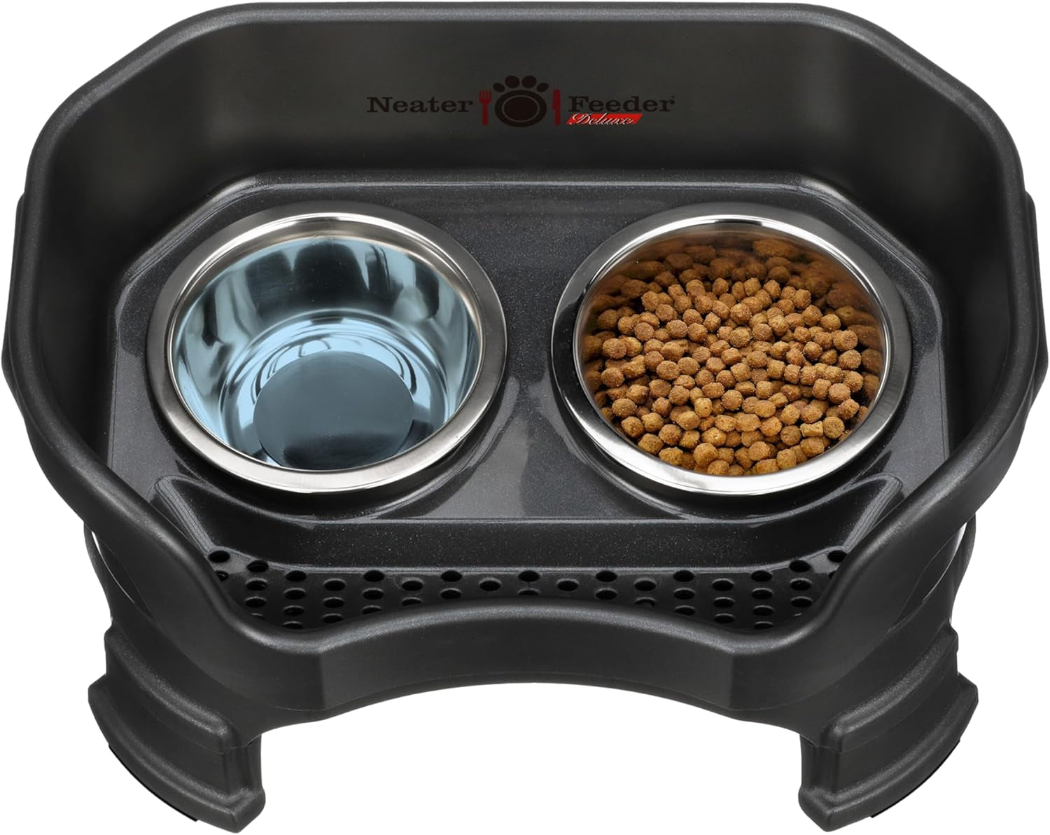 Neater Feeder Deluxe Mess-Proof Elevated Dog Bowls for Small Dogs (Up to 19 Lbs), 2 Height Adjustable (6” & 7.5”) No-Spill Raised Dog Bowl Stand, Stainless Steel Food Bowl Set, Made in USA, Black